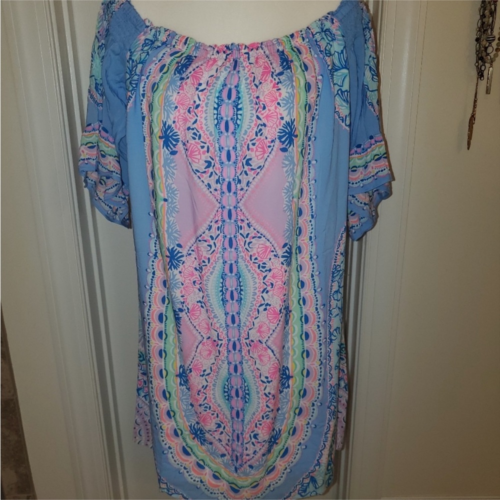 Lilly Pulitzer Blue and Pink Flutter Sleeve Blouse